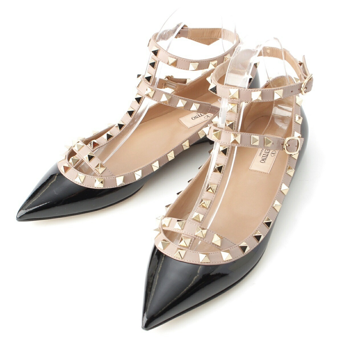 ヴァレンティノ VALENTINO パテント ロックスタッズ アンクルストラップ フラット パンプス ブラック ベージュ 38【中古】【正規品保証】