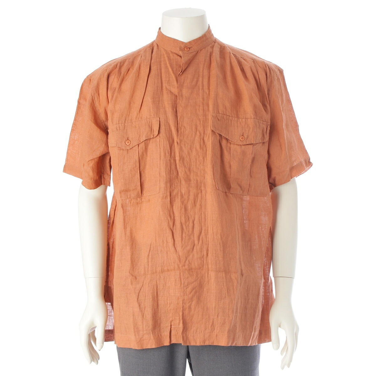 イッセイミヤケ メン ISSEY MIYAKE MEN 80s 1984 リネン 筆タグ シャーリング ネップ 比翼 半袖シャツ トップス LG12144 テラコッタ M【中古】【正規品保証】｜retro
