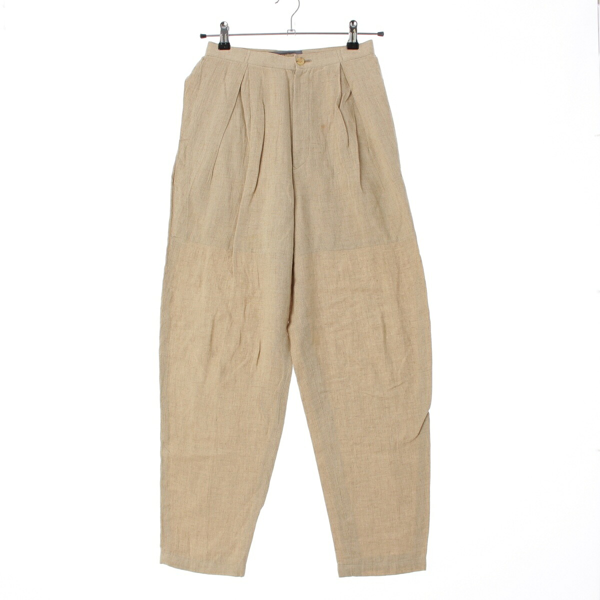 イッセイミヤケ ISSEY MIYAKE 80s 1986 リネン レーヨン スラックス 変形 タック パンツ MG42456 ベージュ 9【中古】【正規品保証】