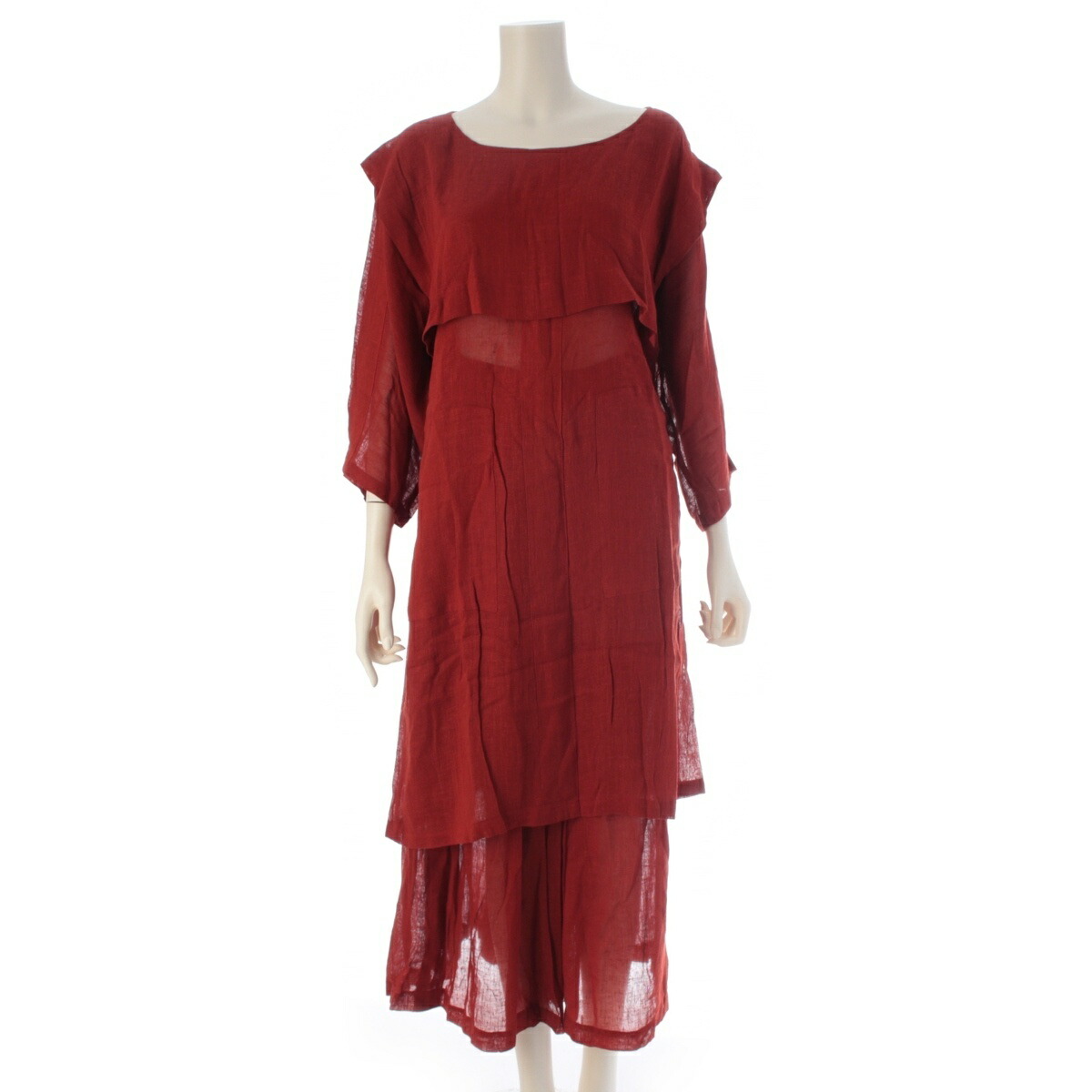 イッセイミヤケ ISSEY MIYAKE 70s 1979 人絹 リネン すべり出し 単色曳き船 水準 うつり変わり 衣裳 広広としたズボン下 ズボン下セットアップ 緋色 9【中古】【定め事品引きうける】