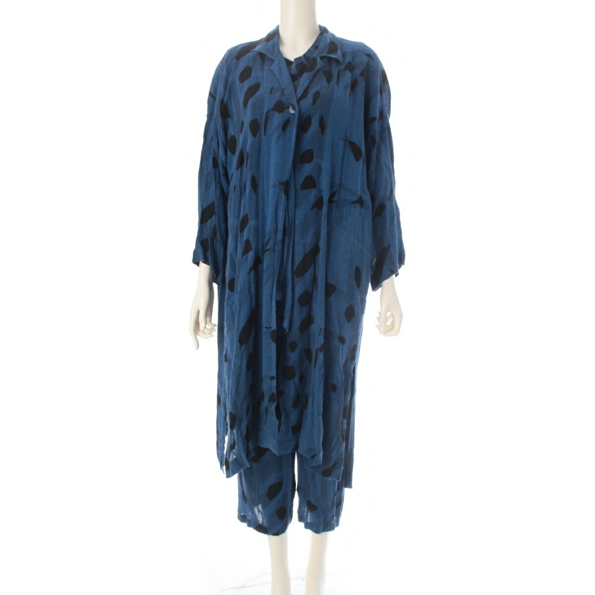 イッセイミヤケ ISSEY MIYAKE 80s ペルマネンテ 総柄 ロングカーディガン トップス パンツ 3ピース VG22016/VG12686/VG42226 ブルー ブラック M【中古】【正規品保証】