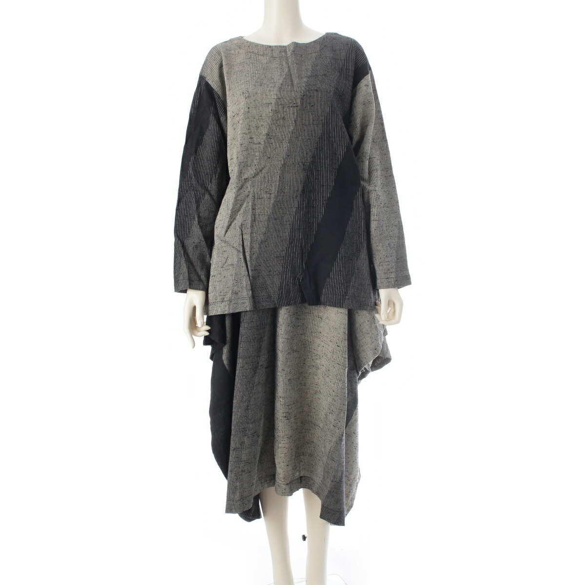 イッセイミヤケ ISSEY MIYAKE 80s ペルマネンテ 人絹 綿織物 曲がった縞模様 トップス うつり変わり スコートセットアップ VG11488/VG51088 薄墨色 黒いこと M【中古】【置き目品引き受ける】