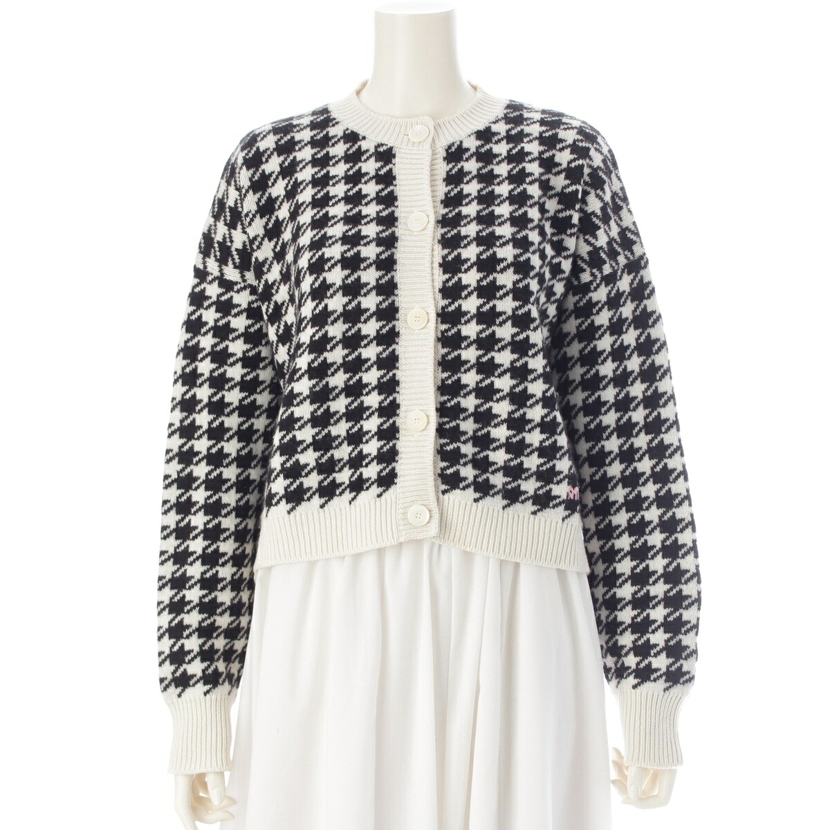 ミュウミュウ MIUMIU 22年 カシミヤ 千鳥格子 ロゴ ニット クルーネック カーディガン ボレロ MMF651 ブラック ホワイト 36【中古】【正規品保証】
