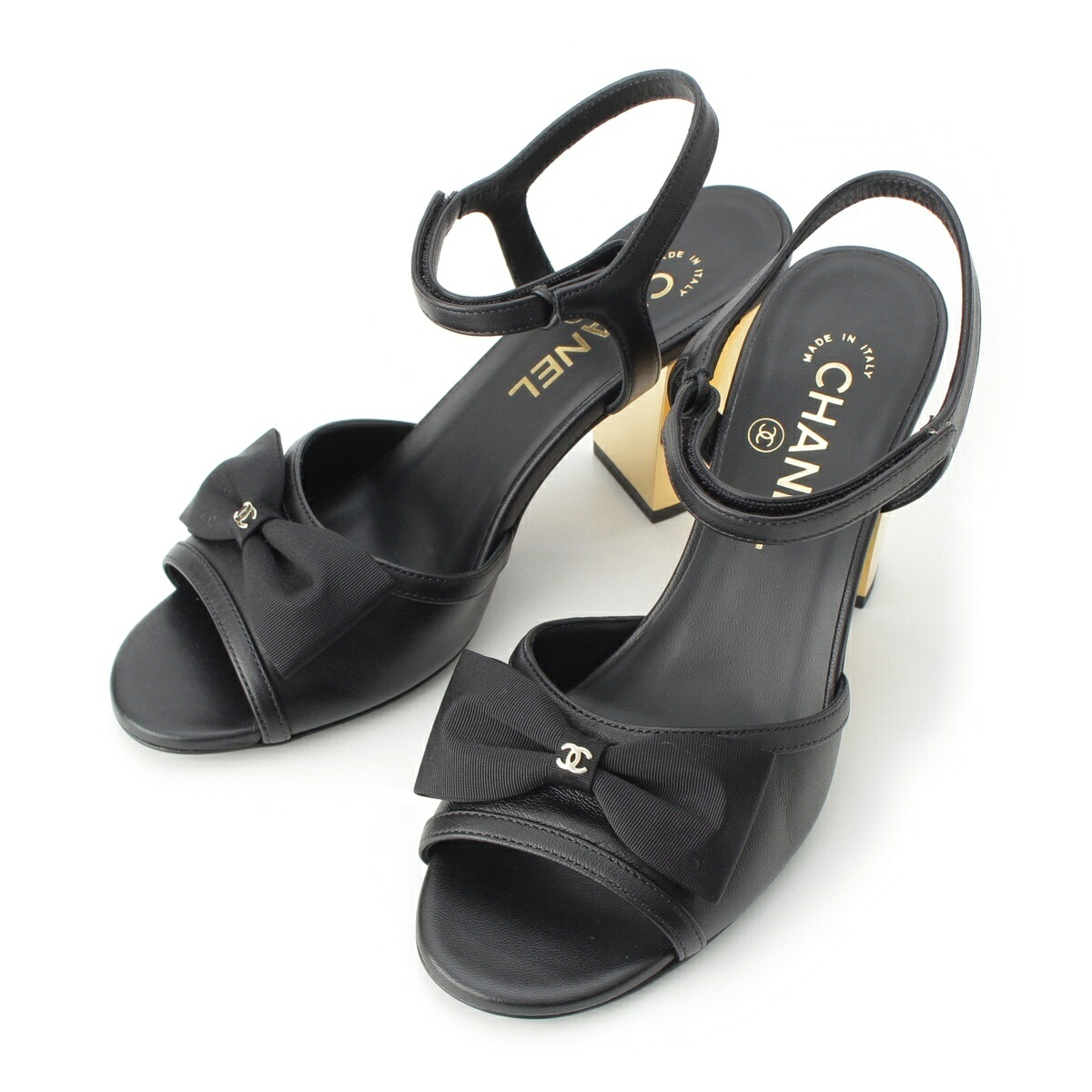 シャネル CHANEL 24SS レザー ココマーク ストラップ リボン サンダル シューズ G45690 ブラック ゴールド 36 1/2 C【中古】【正規品保証】