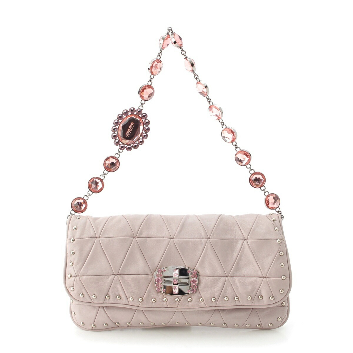 ミュウミュウ MIUMIU ナッパレザー ビジュー ラインストーン 2WAY ショルダー クラッチバッグ RP0197 ピンク ラベンダー【中古】【正規品保証】