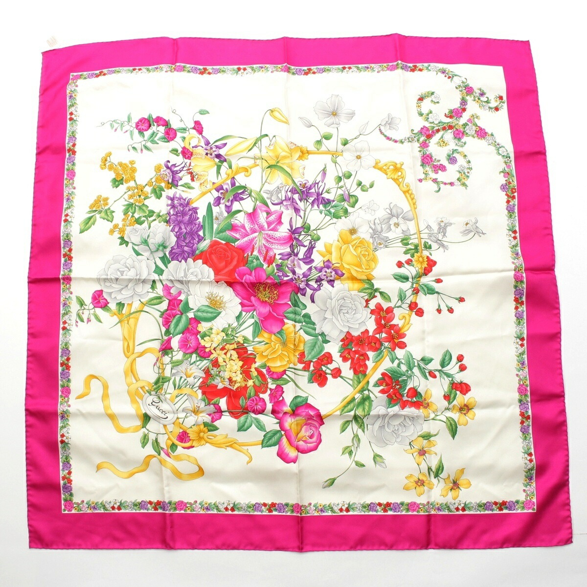 グッチ GUCCI シルク フローラ 花柄 スカーフ ピンク【中古】【正規品保証】