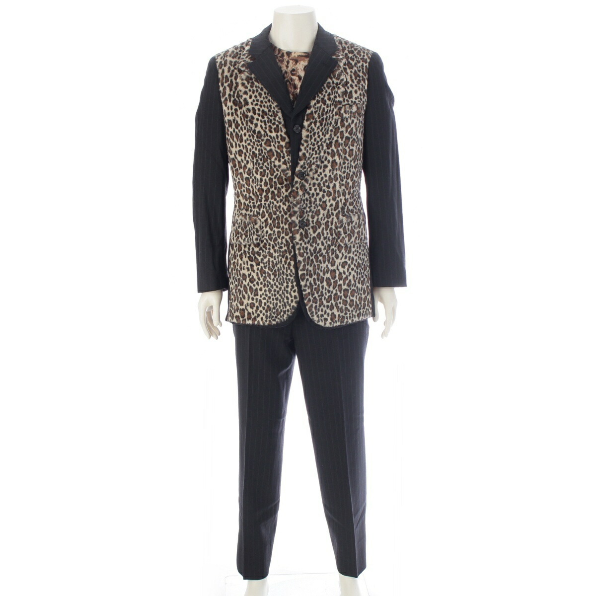 コムデギャルソンオムプリュス COMME des GARCONS HOMME PLUS AD2009 羊毛 ハラコ うつり変わり 縞模様 レオパード テーラードジャケット 長袖トップス ズボン下 3天下太平 セットアップ PD-T003 P021 J035  黒いこと系 M L【中古】【置き目品引き受ける】