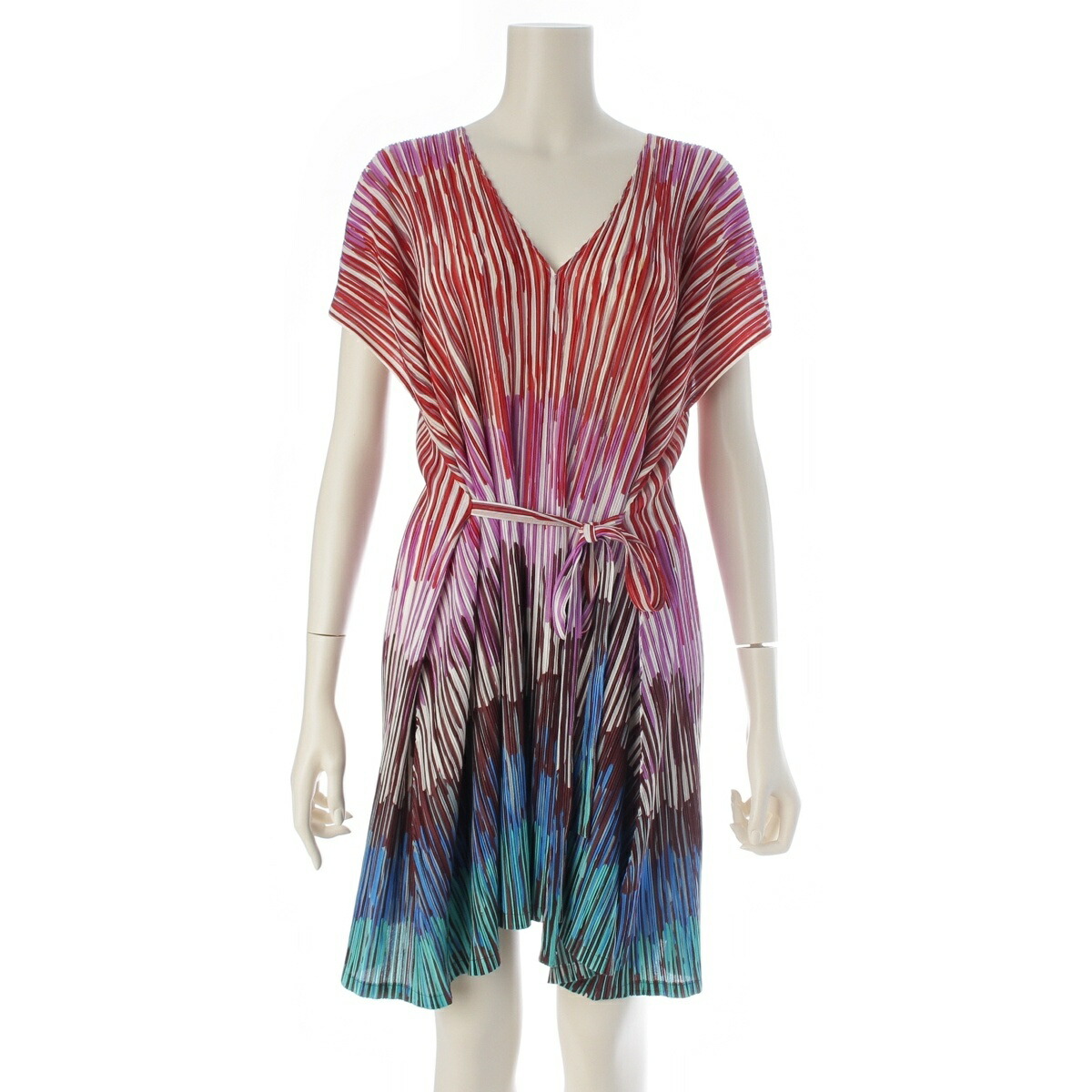 イッセイミヤケ ISSEY MIYAKE ポリエステル 半袖 Vネック ワンピース PP13-FT823 マルチカラー 3【中古】【正規品保証】