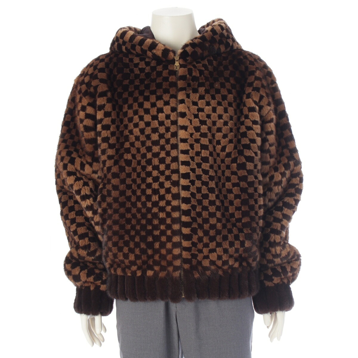 ルイヴィトン LOUIS VUITTON 2025 ミンクファー ダミエ インターシャ ジップ フーデッド ジャケット アウター 1AIMU5 ブラウン 52【中古】【正規品保証】