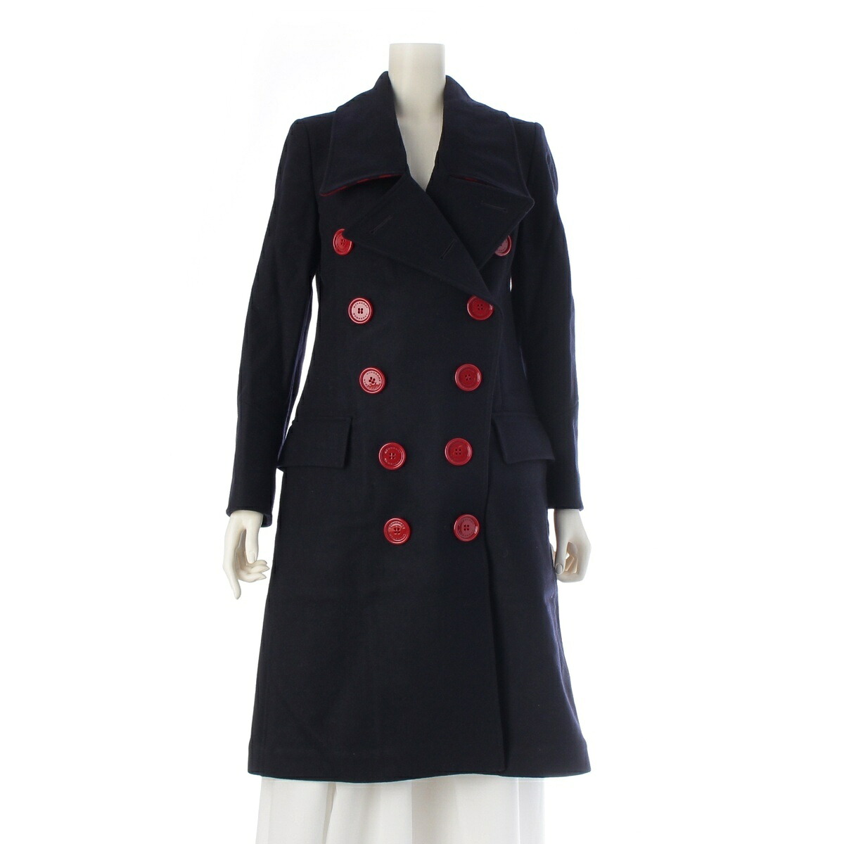 バーバリー BURBERRY ウール 赤ボタン 襟裏チェック ロング コート アウター 4051746 ネイビー 38【中古】【正規品保証】