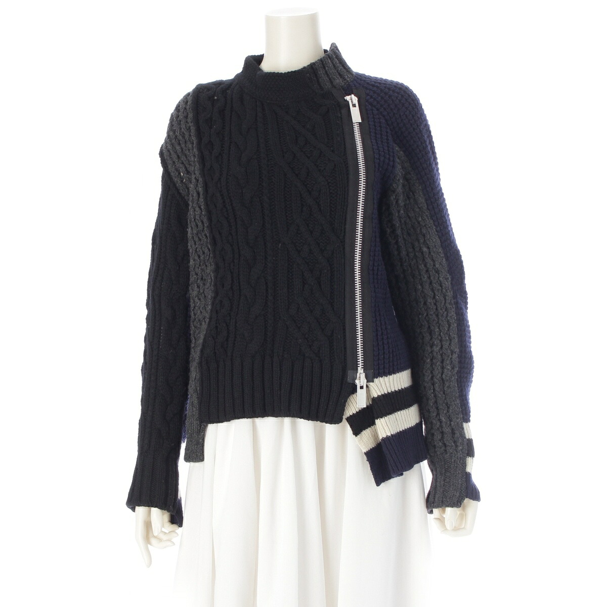 サカイ Sacai 18年 Asymmetry Knit ウール ジップアップ ニット ジャケット アウター 18-04025 ネイビー×グレー系 1【中古】【正規品保証】