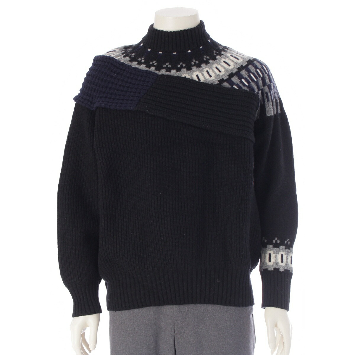 サカイ Sacai 21年 ウール×ナイロン ノルディック柄 切替 ニット セーター トップス 21-02610M ネイビー ブラック 2【中古】【正規品保証】 19,910円