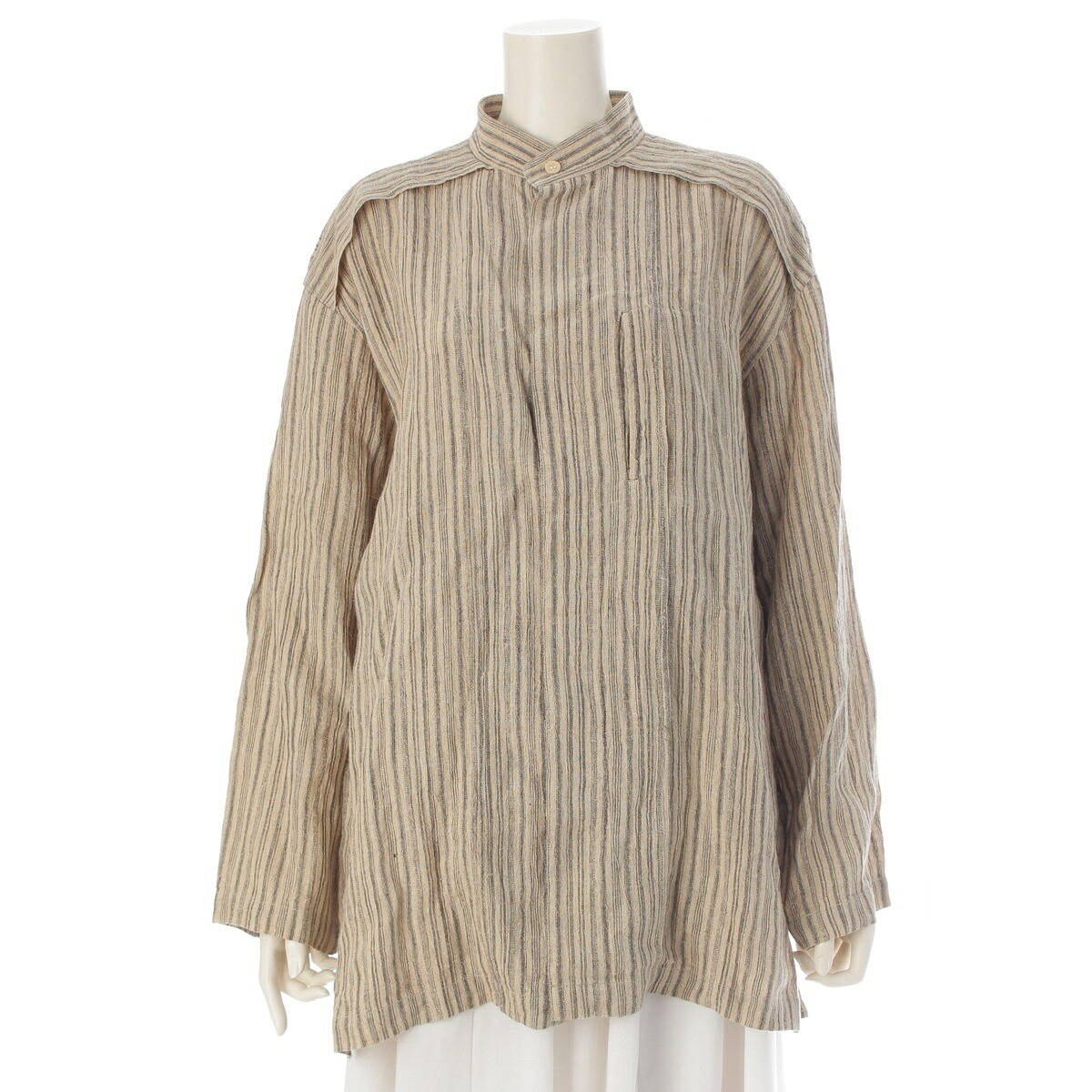 イッセイミヤケ ISSEY MIYAKE 1983 80s リネン すべり出し 単色引き舟 ダンス楽隊色合い リネン 比翼 不規則 縞模様 長袖プルオーバー トップス ZL16013 ベージュ M【中古】【置き目品引き受ける】