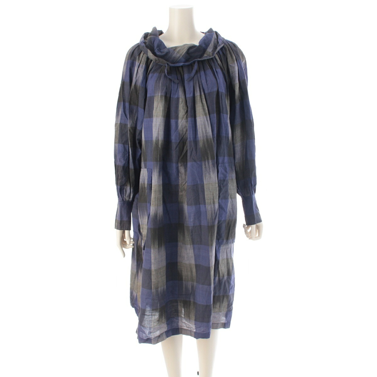 イッセイミヤケ ISSEY MIYAKE 80s 1982 スポーツ コットン 絣 ハイネック 変型 ワンピース ドレス パープル ブラック ホワイト 9【中古】【正規品保証】