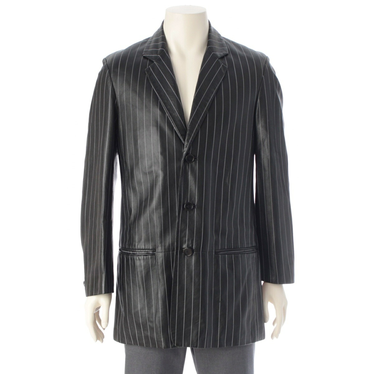 ジャンニ・ヴェルサーチェ Gianni Versace 90s レザー ペイントストライプ ロングジャケット コート メドゥーサ裏地 ブラック ホワイト【中古】【正規品保証】|retro