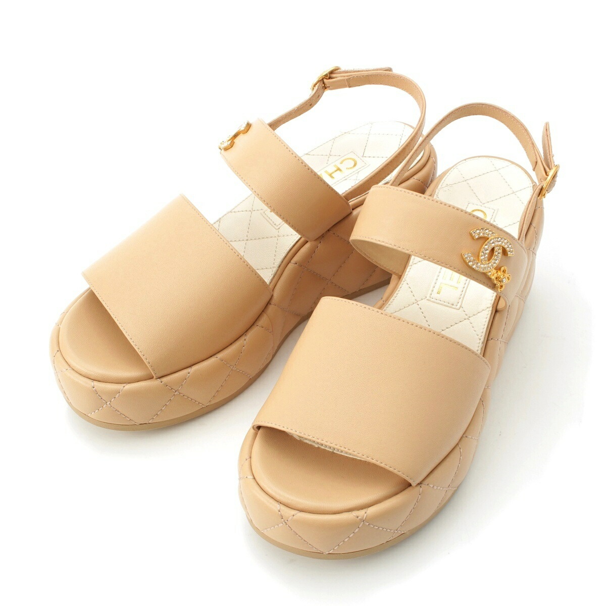シャネル CHANEL マトラッセ 子ヒツジ人はだ ココマーク 伝達ルート石ころ サンダル 厚底 G45547 ベージュ 37C【中古】【定まり品引き請ける】