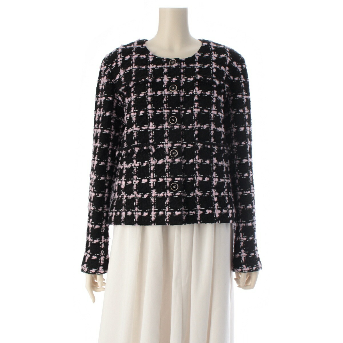 シャネル CHANEL 25‐26AW 25B ツィード 否色つや 上衣 P80405 黒いこと サクラ色 42【中古】【置き目品引き受ける】