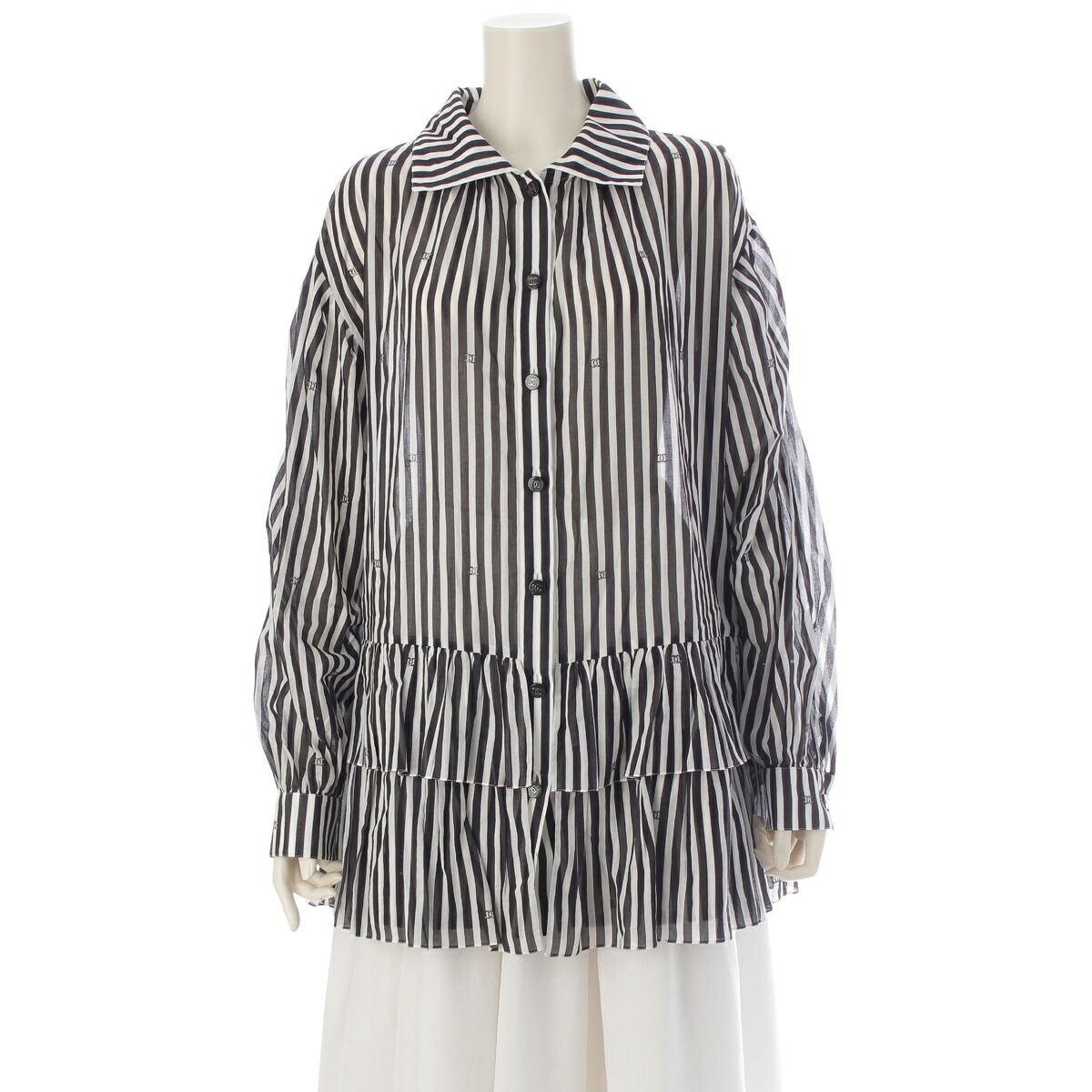 シャネル CHANEL 綿織物 ココマーク ビジュー 縞模様 ティーシャツ トップ 上着 P76212 黒いこと×白いこと 38【中古】【定まり品引き請ける】