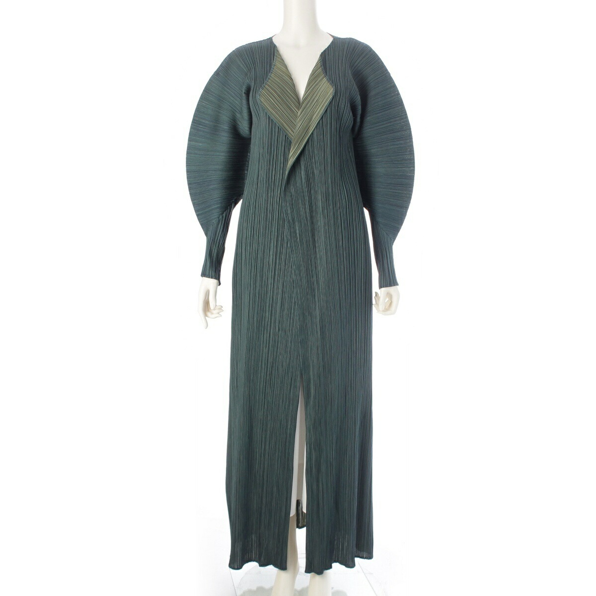 プリーツプリーズ イッセイミヤケ PLEATS PLEASE ISSEY ロング カーディガン コート PP94-JH617 グリーン 5【中古】【正規品保証】