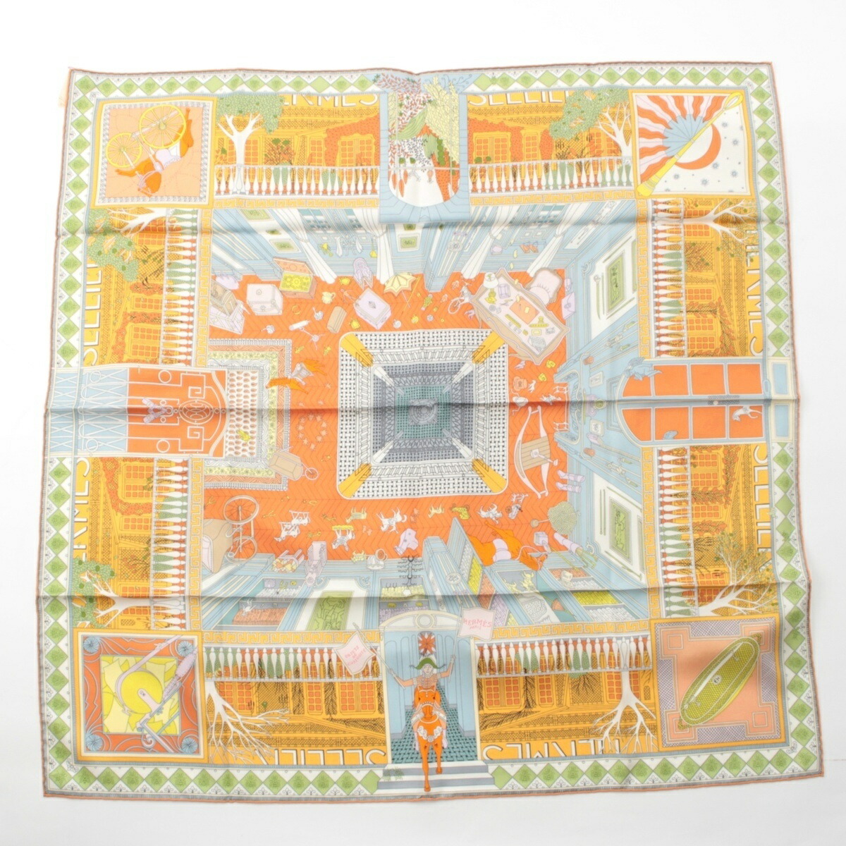 エルメス HERMES カレ90 地絹 Objets de Curiosite オブジェ・ドゥ・キュリオジテ えり巻き オレンジ色【中古】【置き目品引き受ける】