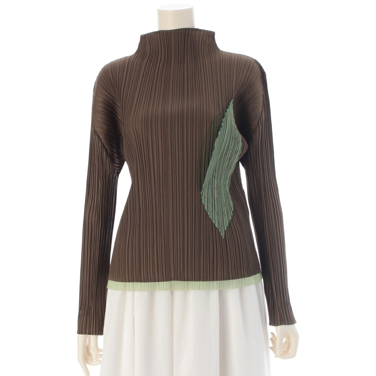 プリーツプリーズ イッセイミヤケ PLEATS PLEASE ISSEY ポリエステル 長袖ボトルネック リーフモチーフ 葉っぱ 植物 バイカラー カットソー PP53-JK646 ライトグリーン オリーブ 4【中古】【正規品保証】