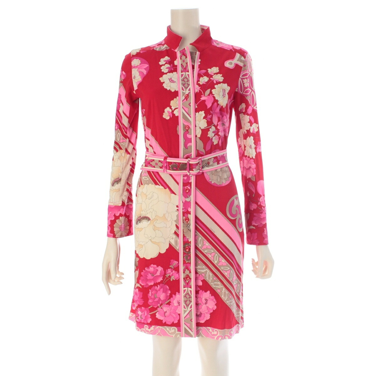 レオナール LEONARD カンカン素材 花柄 長袖 ベルト付き ワンピース レッド 1【中古】【正規品保証】｜retro