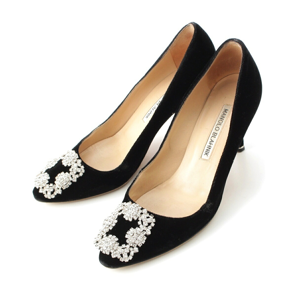 マノロブラニク MANOLO BLAHNIK ベロア ハンギシ クリスタル ビジュー パンプス シューズ ブラック 36【中古】【正規品保証】