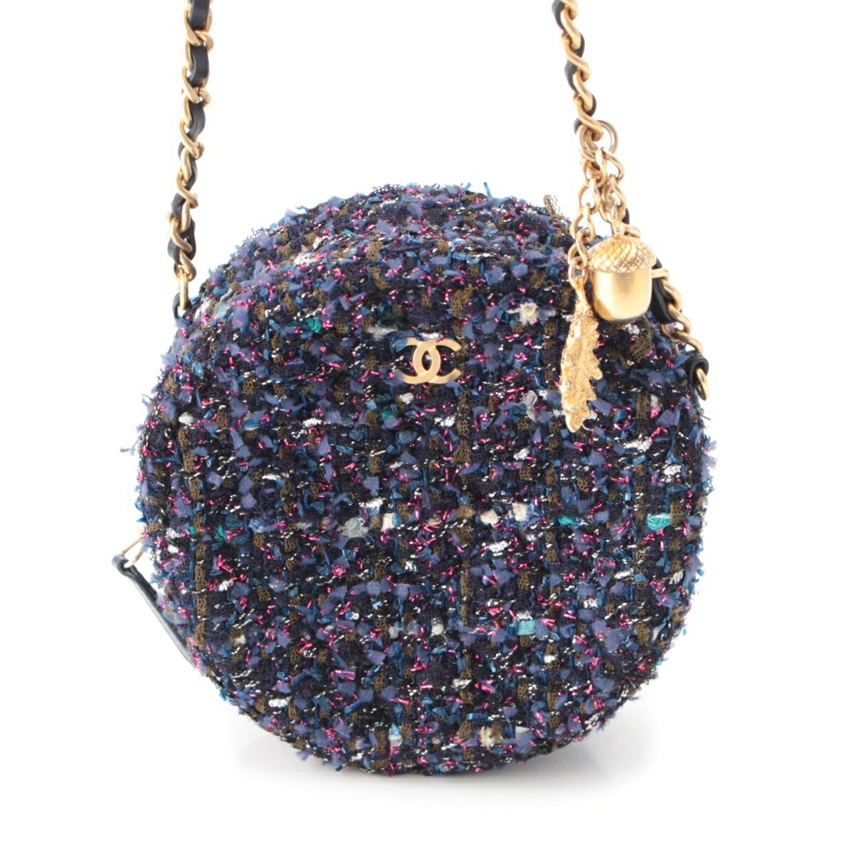 シャネル CHANEL マトラッセ ツィード ココマーク ラウンド チェーン店 ショルダーバッグ ゴールド金具 パープル【中古】【置き目品引き受ける】