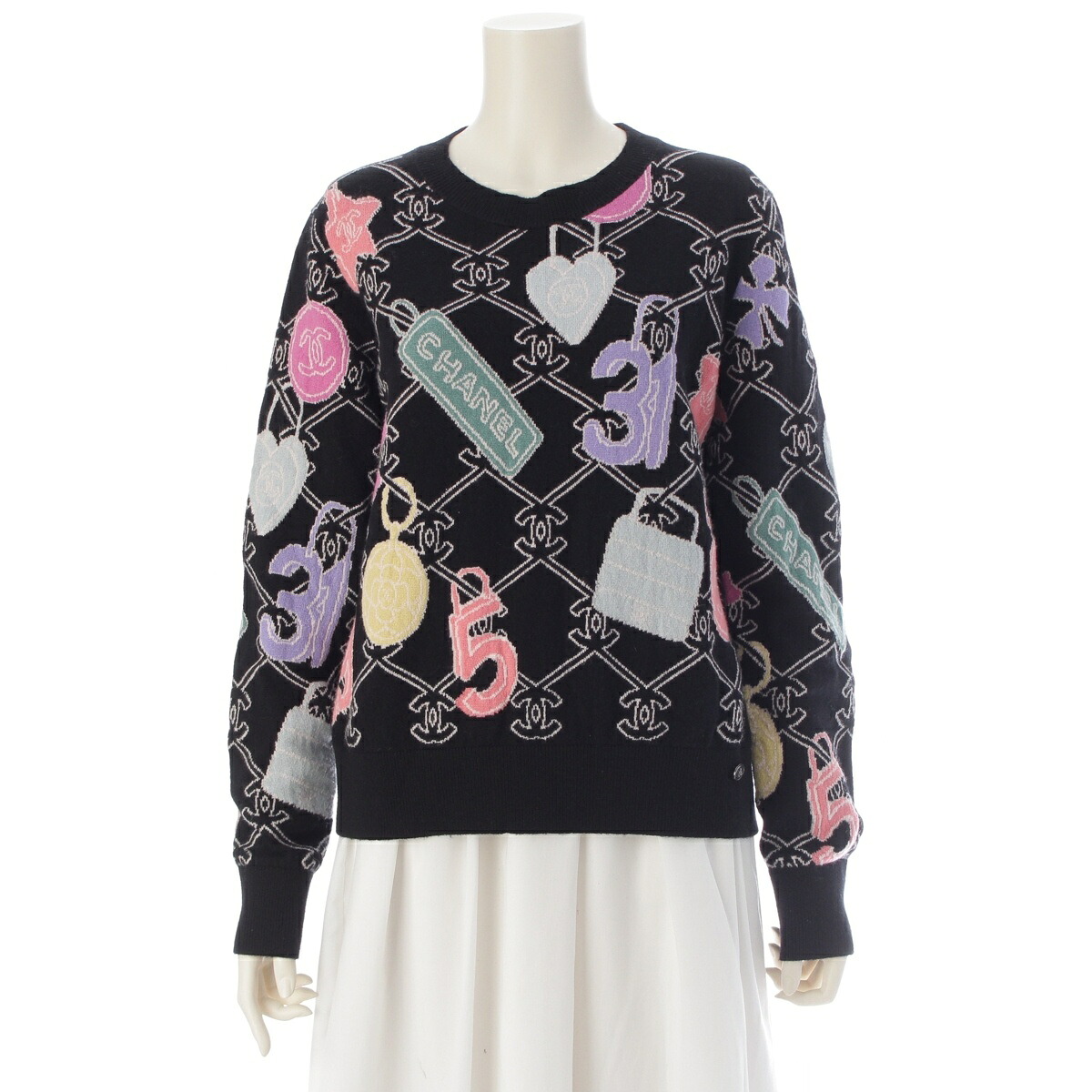 シャネル CHANEL 2022 カシミール ココマーク アイコン 編み物 プルオーバー トップス P72298 黒いこと×マルチ色つや 40【中古】【定め事品引きうける】