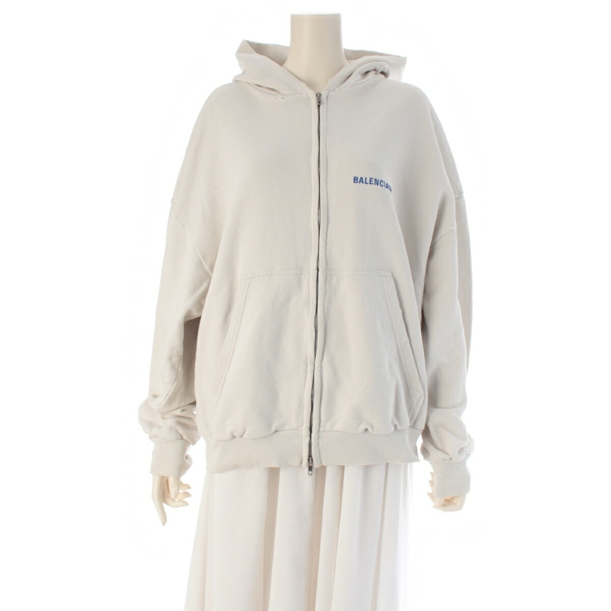 バレンシアガ BALENCIAGA 25年 コットン ロゴ ジップアップ フーディ Dirty Effect パーカー 803264 ホワイト ブルー M【中古】【正規品保証】