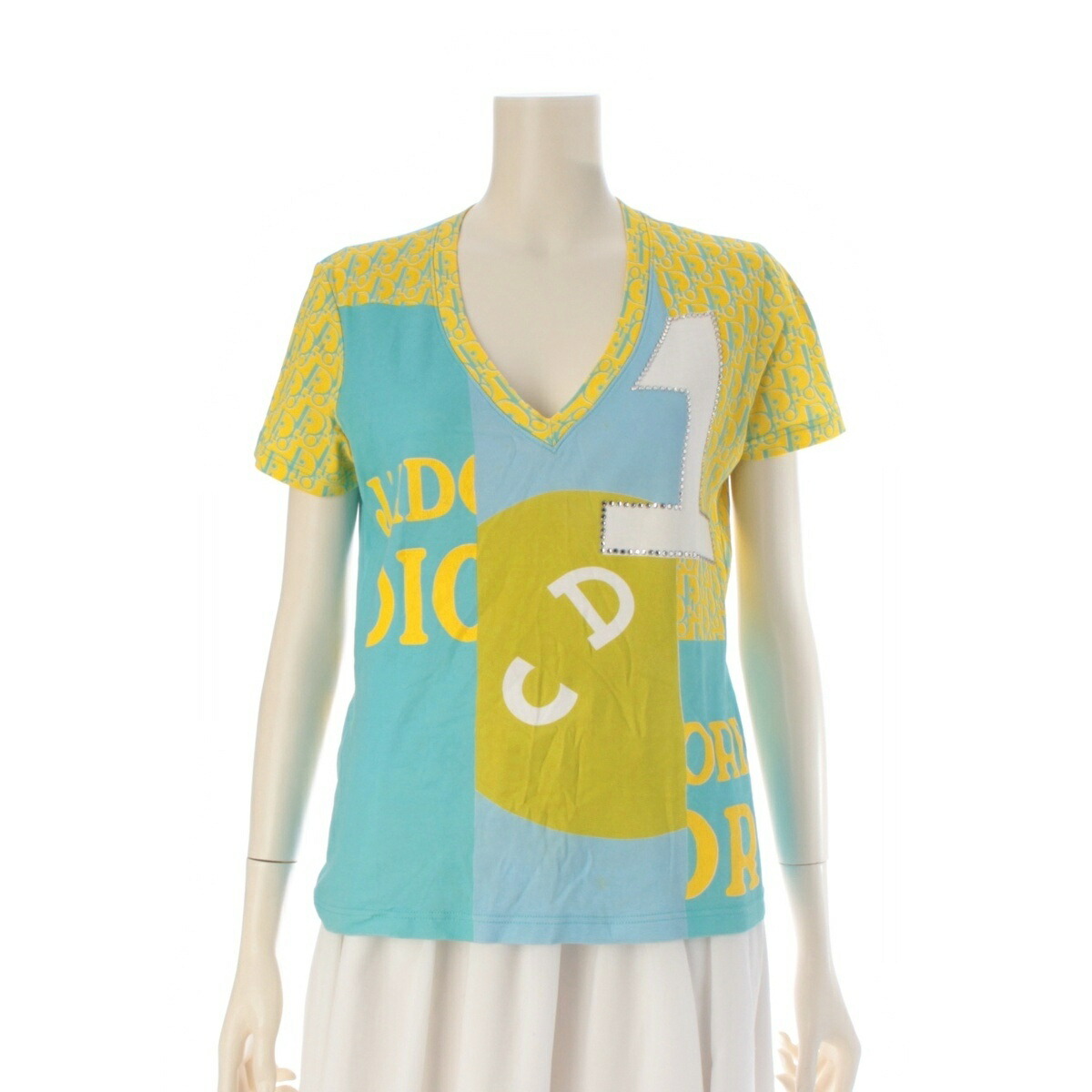 ディオール Christian Dior ガリアーノ期 J\u0027ADIOR トロッター 生産ライン石ころ ナンバリング Vのど首 半袖Ｔシャツ トップス 5E16155950 黄色 青色 40【中古】【置き目品引き受ける】