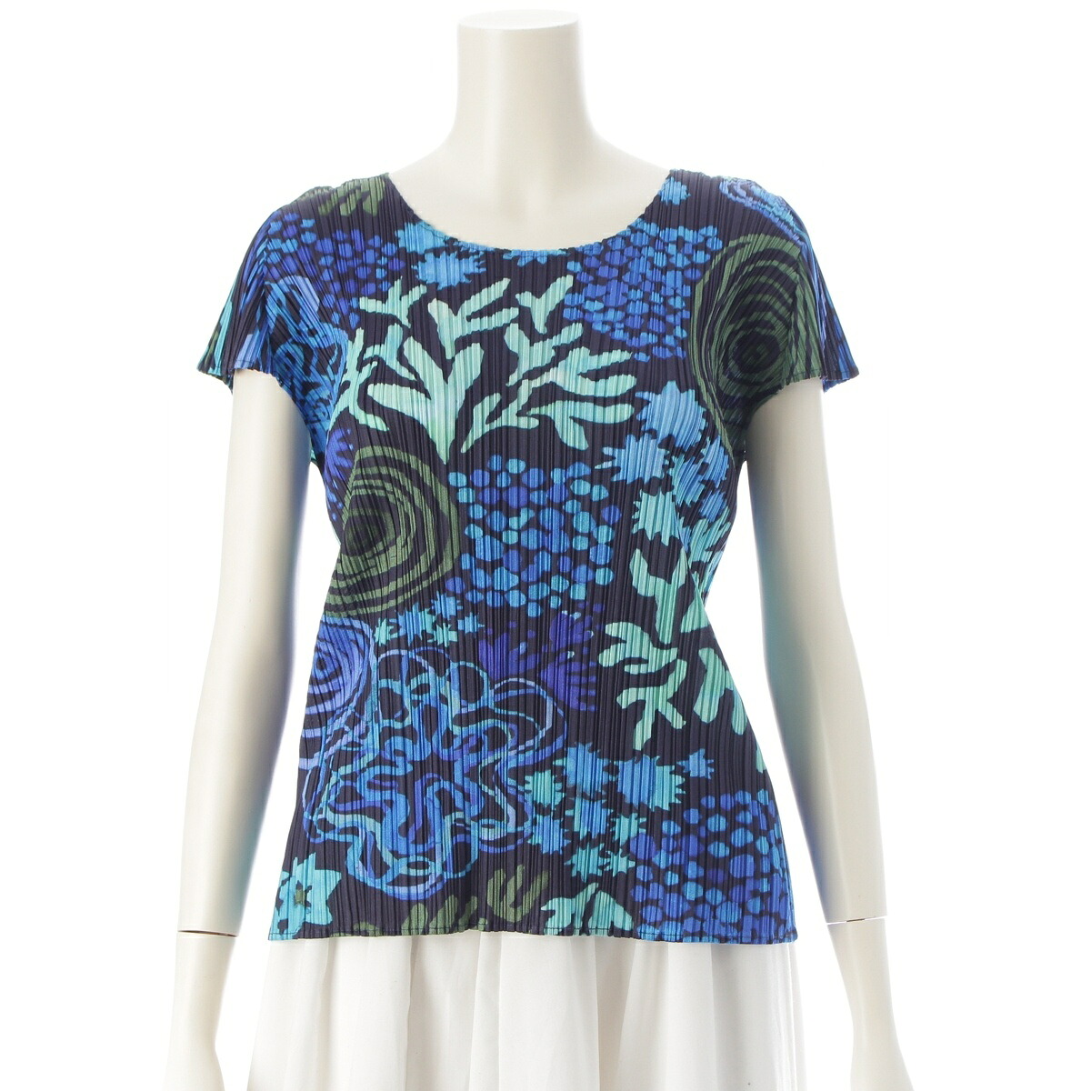 プリーツプリーズ イッセイミヤケ PLEATS PLEASE ISSEY ボタニカル柄 フレンチスリーブ カットソー トップス PP23-JK522 ブルー系 3【中古】【正規品保証】｜retro