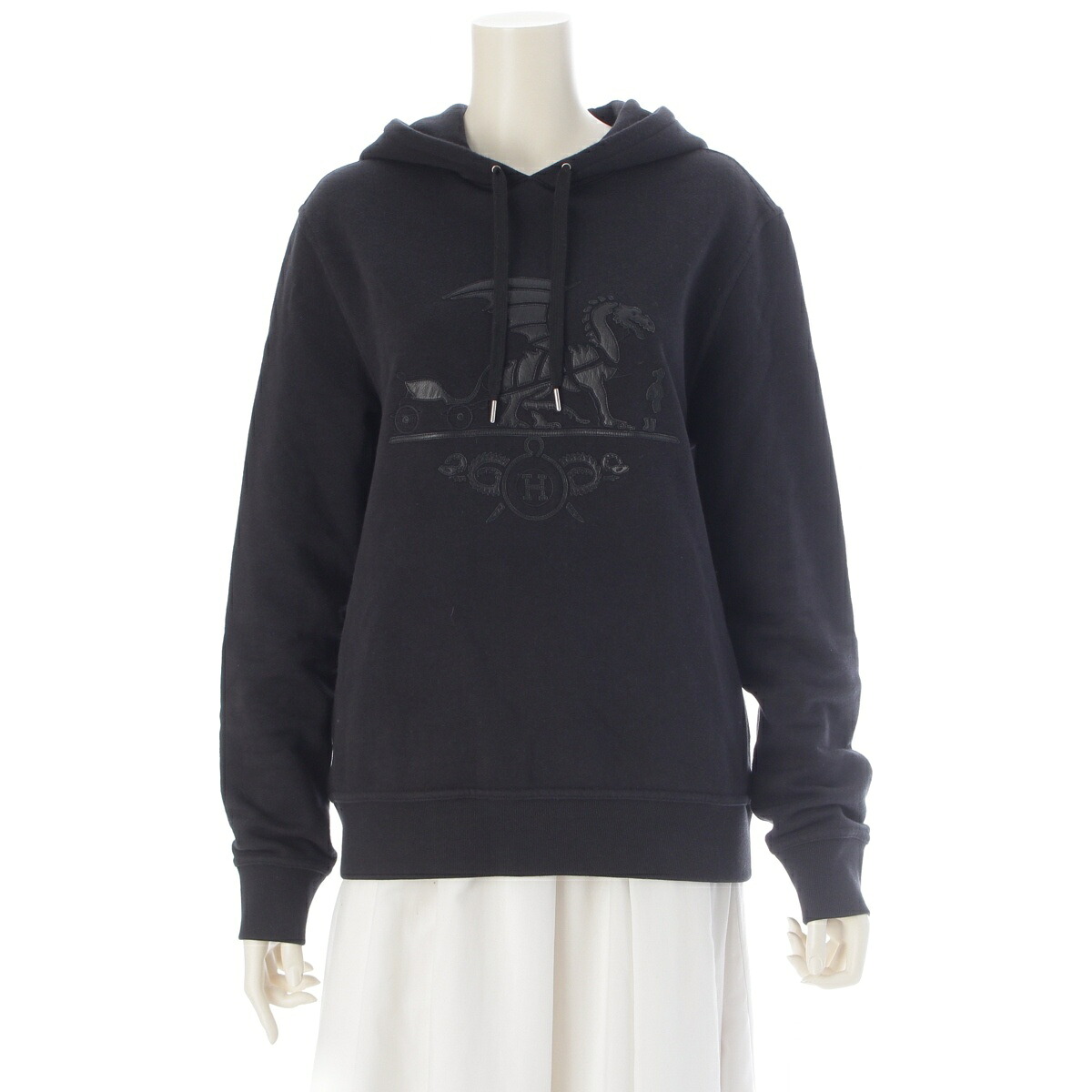 エルメス HERMES コットン ラムレザー エクスリブリス ドラゴン プルオーバー フーディ スウェット ブラック XS【中古】【正規品保証】｜retro