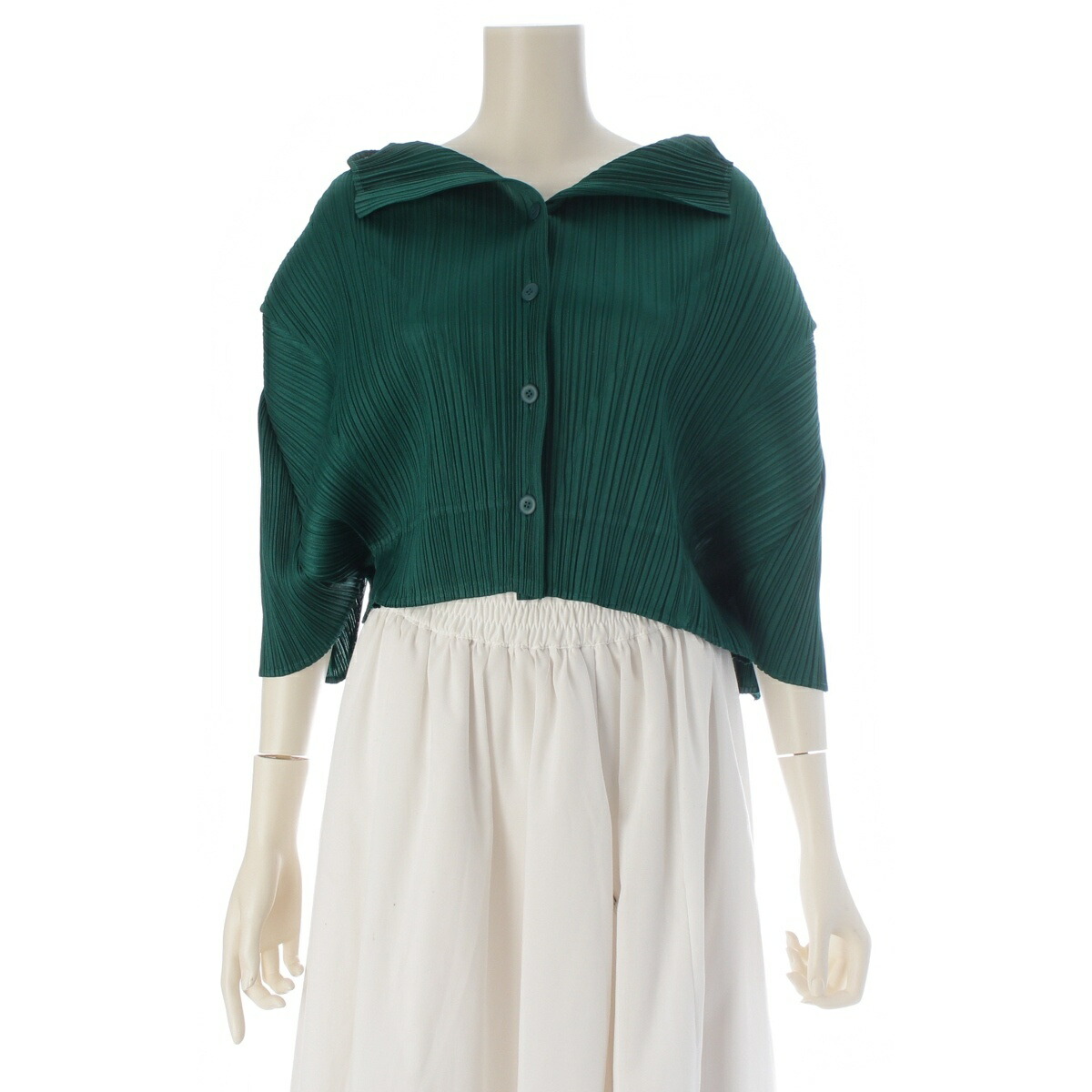 筋目プリーズ イッセイミヤケ PLEATS PLEASE ISSEY  七分袖 クロップド プルオーバー ジレー PP01-JT536 緑であること L【中古】【置き目品引き受ける】