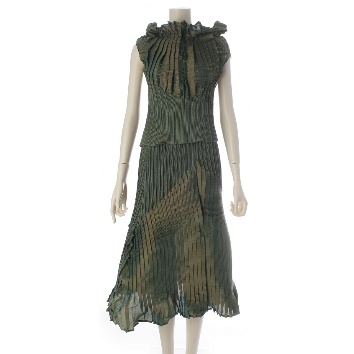 イッセイミヤケ フェット ISSEY MIYAKE FETE 08AW うつり変わり 筋目 ノースリーブトップス 太陽フレア スコートセットアップ IF84FG717 IM84FJ772 緑であること系 2【中古】【置き目品引き受ける】