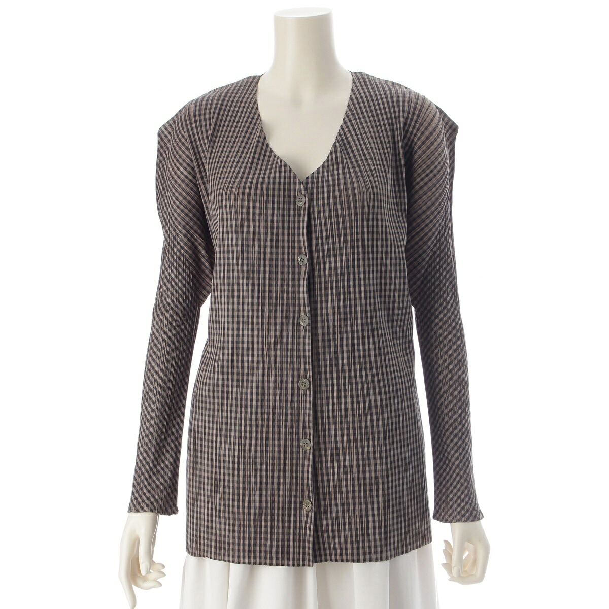 プリーツプリーズ イッセイミヤケ PLEATS PLEASE ISSEY 95AW 旧デザイン チェック柄 長袖 カーディガン トップス ジャケット 羽織 PP54-JD646 ベージュ ブラック 3【中古】【正規品保証】｜retro