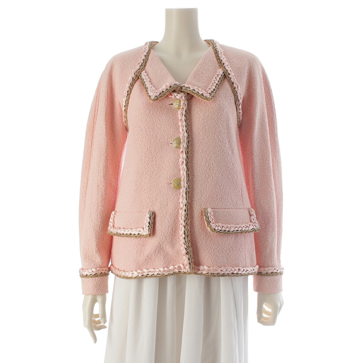 シャネル CHANEL ブレイドトリミング ココマーク ココボタン テーラードジャケット P53165 サクラ色 36【中古】【置き目品引き受ける】