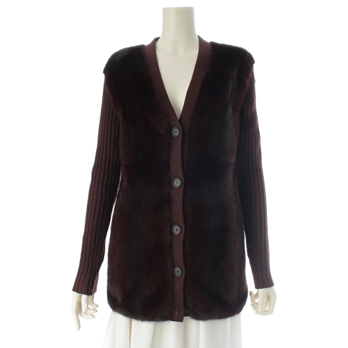プラダ PRADA 2009 羊毛 ミンクのコート毛革 編み物 ジレー 赤銅色 38【中古】【置き目品引き受ける】