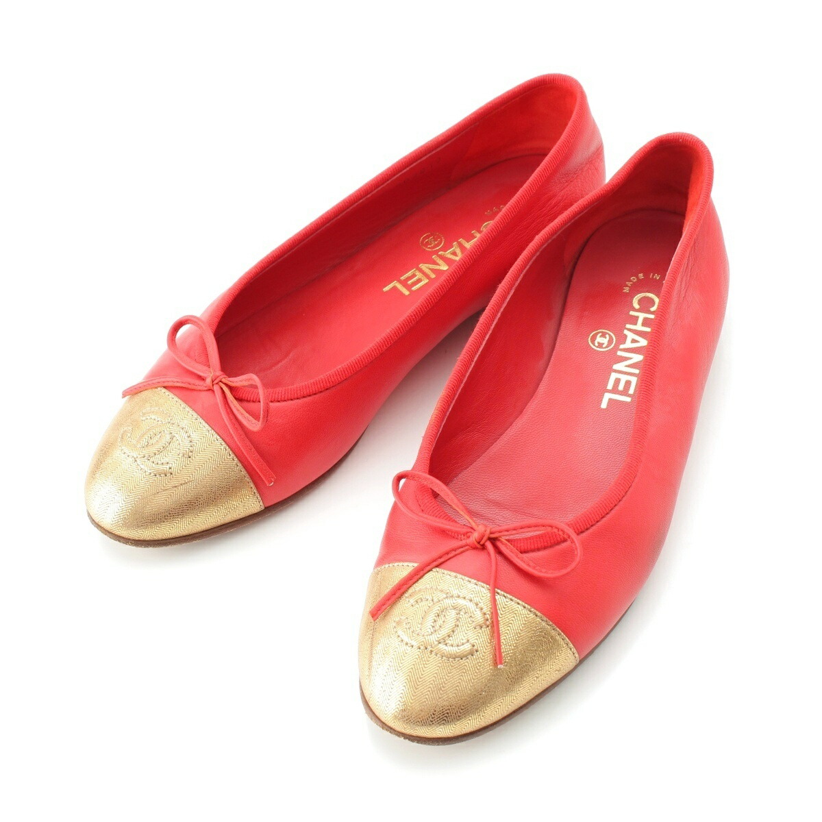 シャネル CHANEL なめし革 ココマーク シュロの葉 滑っこい パンプス 赤いこと×ゴールド 36 2/1【中古】【定め事品引きうける】