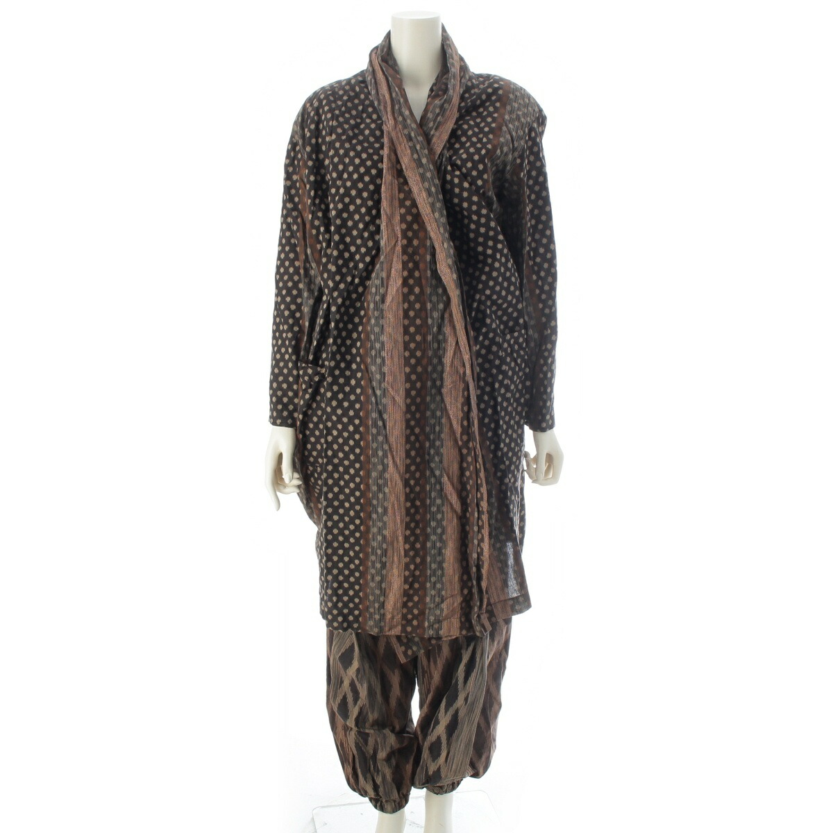 イッセイミヤケ ISSEY MIYAKE 80s 筆曳き船 1986 総柄 うつり変わり 絣 肩肉パッド ドレープ スカート 縛 ズボン下セットアップ 赤銅色 9【中古】【定め事品引きうける】