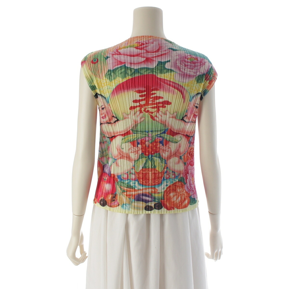 筋目プリーズ イッセイミヤケ PLEATS PLEASE ISSEY  98SS 中国 表徴柄 寿 赤ちゃん より良い PP81-JE850 サクラ色 黄色 マルチ色合い 3【中古】【定まり品引き請ける】