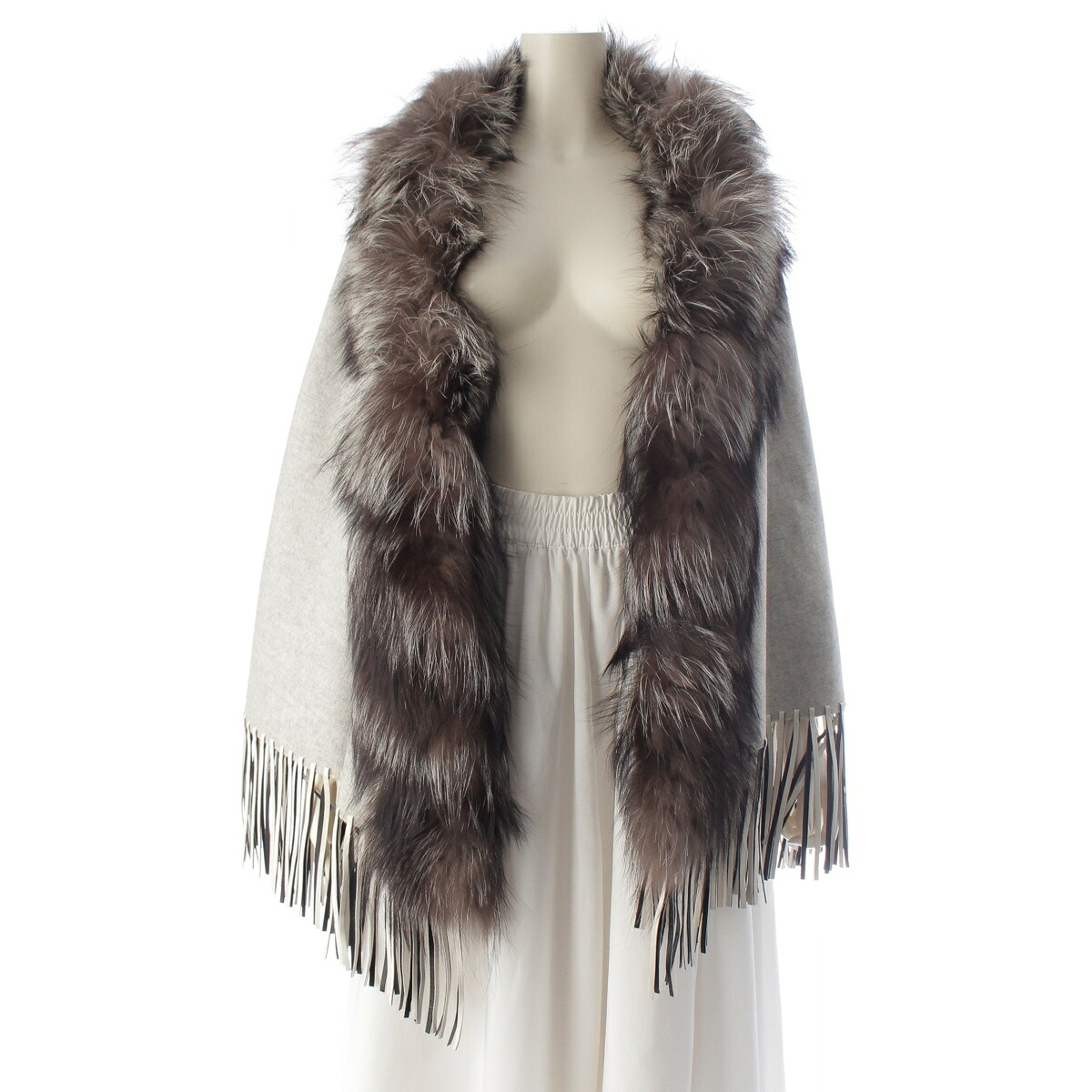 フェンディ FENDI カシミヤ レザー ファー ポンチョ FVG494 グレー【中古】【正規品保証】｜retro