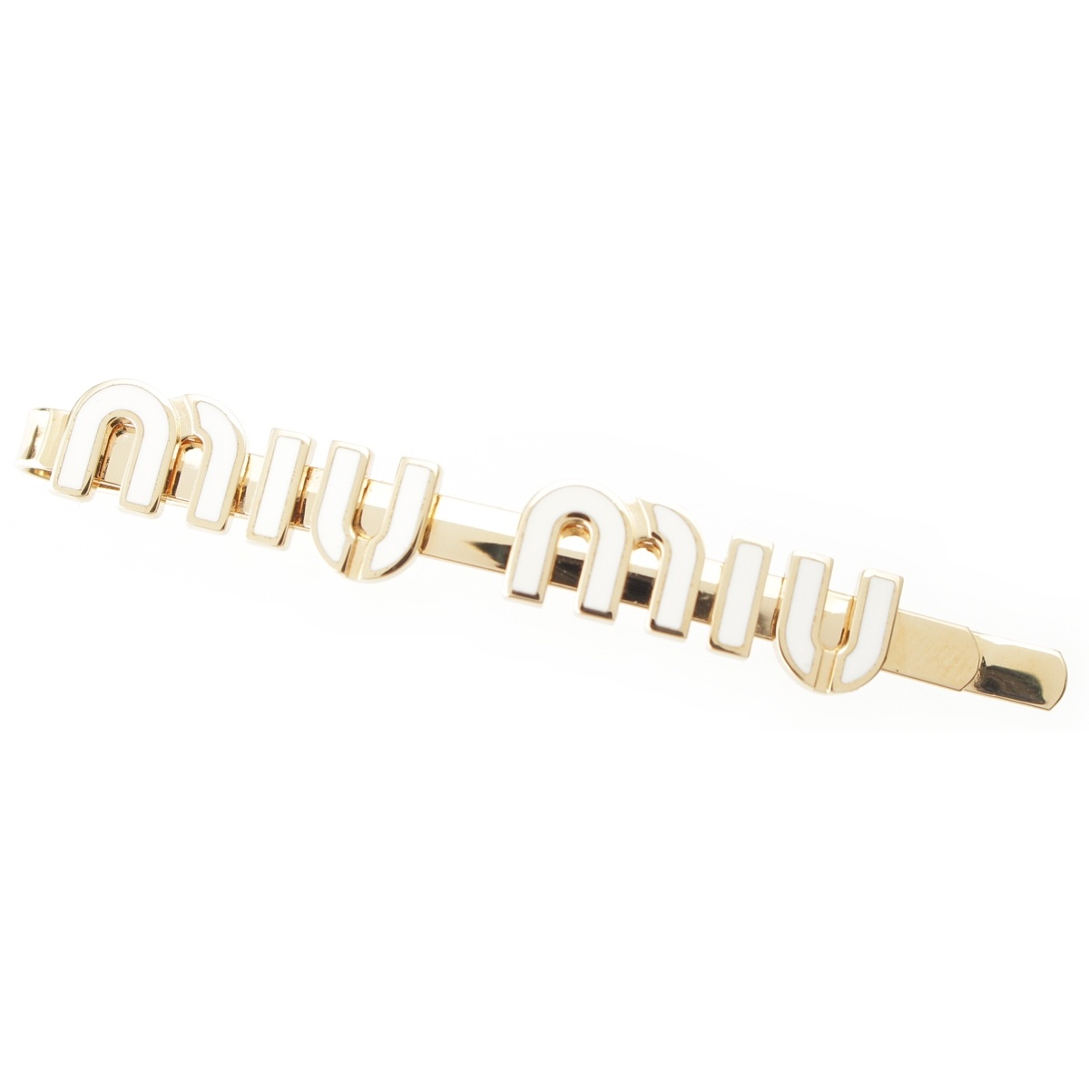 ミュウミュウ MIUMIU ロゴ ヘアピン ヘアアクセサリー ホワイト&times;ゴールド【中古】【正規品保証】｜retro