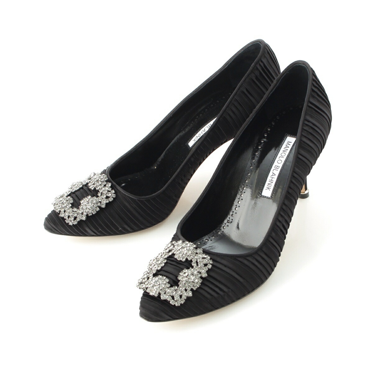 マノロブラニク MANOLO BLAHNIK ASAPUMP ハンギシ 水晶 ビジュー ギャザー 踵 パンプス 黒いこと 38【中古】【置き目品引き受ける】