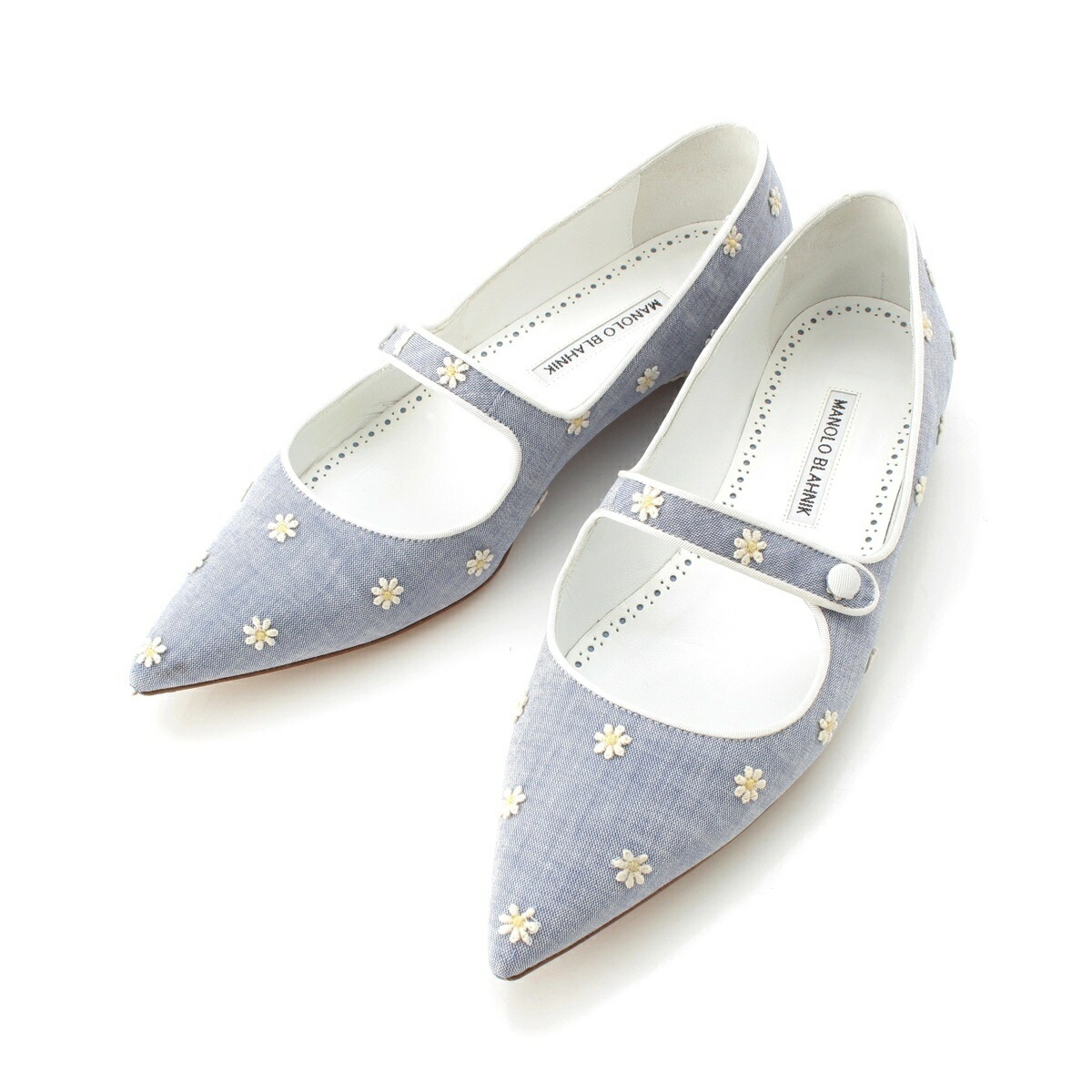 マノロブラニク MANOLO BLAHNIK カン光の都市 滑っこい CAMPALI FLAT 御花 刺しゅう メリージェーン シューズ 青碧 38 1/2【中古】【定め事品引きうける】