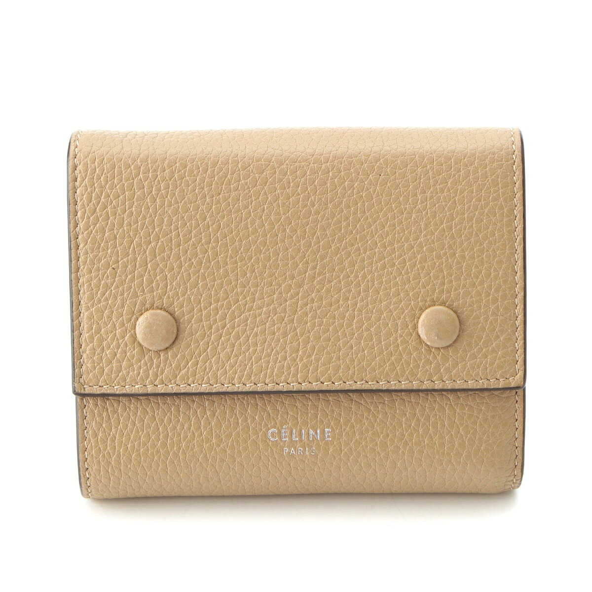 セリーヌ CELINE スモールトリフォールドウォレット なめし革 パウダーコンパクト 二つ折り札入れ ベージュ【中古】【置き目品引き受ける】