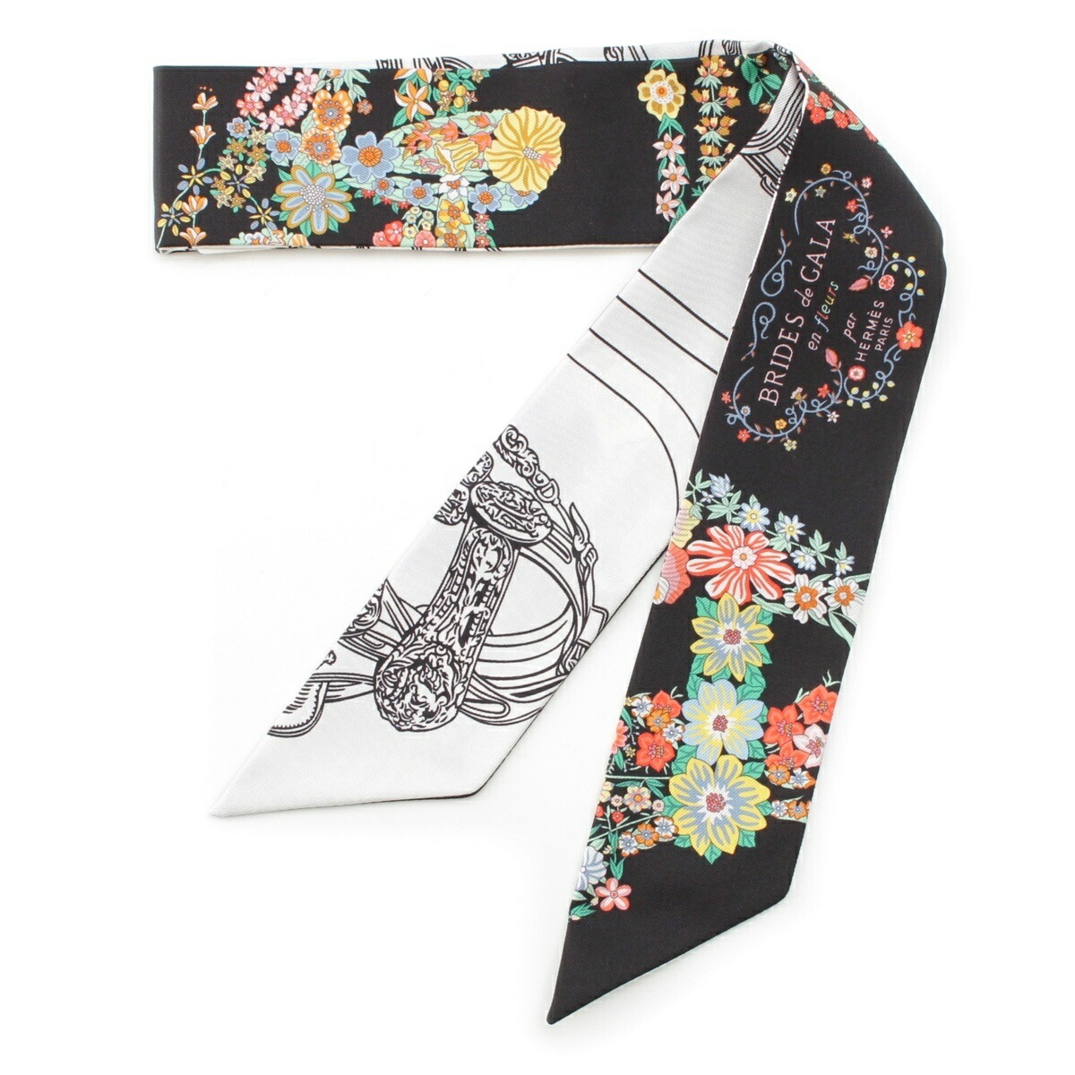 エルメス HERMES 25SS 地絹 ツイロバート・エドワード・リー ブリッドドゥガラ アンフルール BRIDES DE GALA EN FLEURS えり巻き 黒いこと 白いこと マルチ色つや【中古】【置き目品引き受ける】