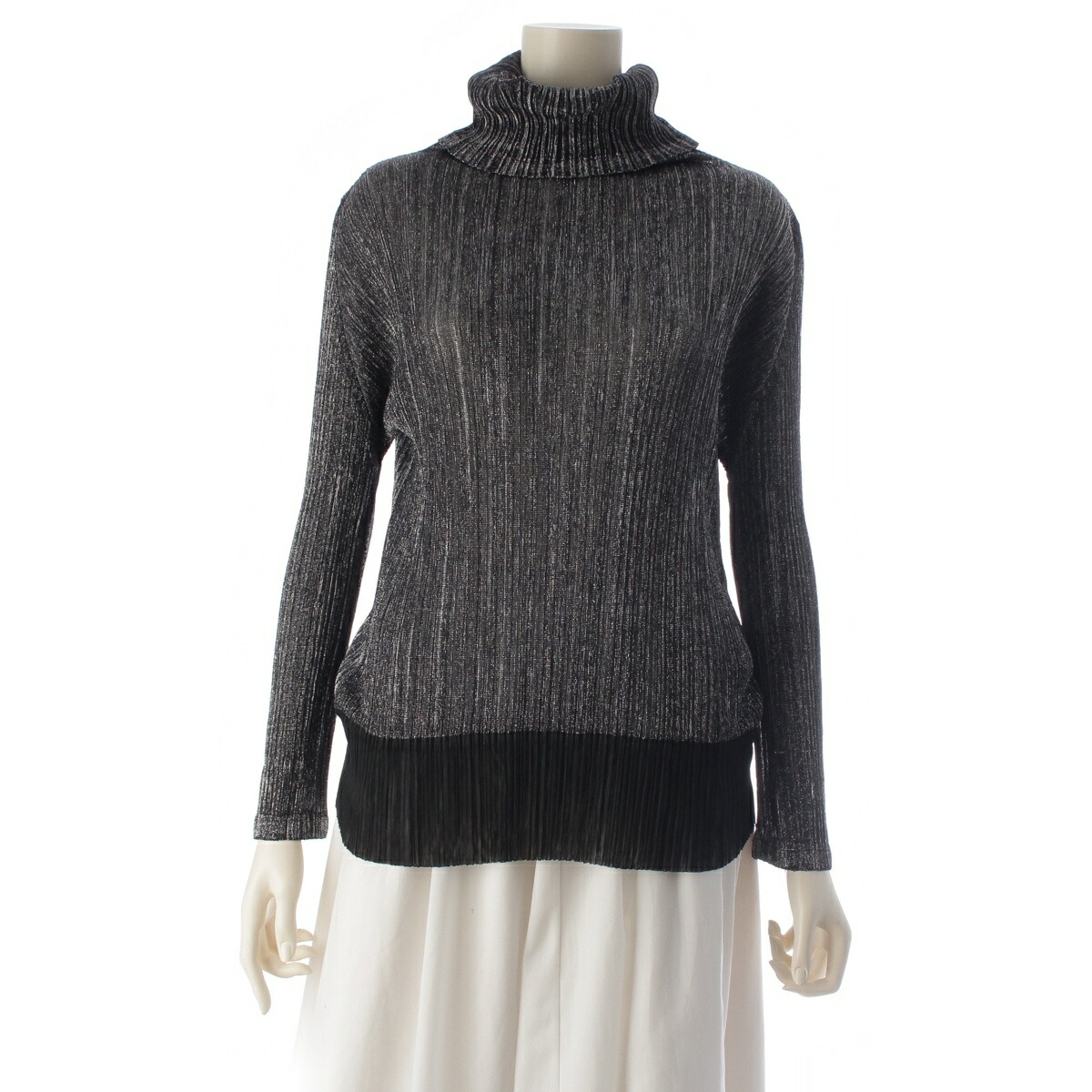 筋目プリーズ イッセイミヤケ PLEATS PLEASE ISSEY  ラメ ハイネック 長袖 カットソー トップス PP11-JK518 しろがね色×黒いこと 3【中古】【定め事品引きうける】