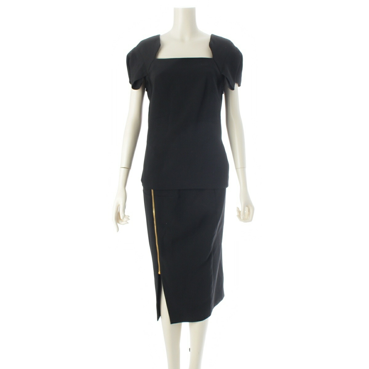 ローランムレ ROLAND MOURET フラウンス捩り 半袖トップ ロング スコートセットアップ 黒いこと UK10【中古】【置き目品引き受ける】
