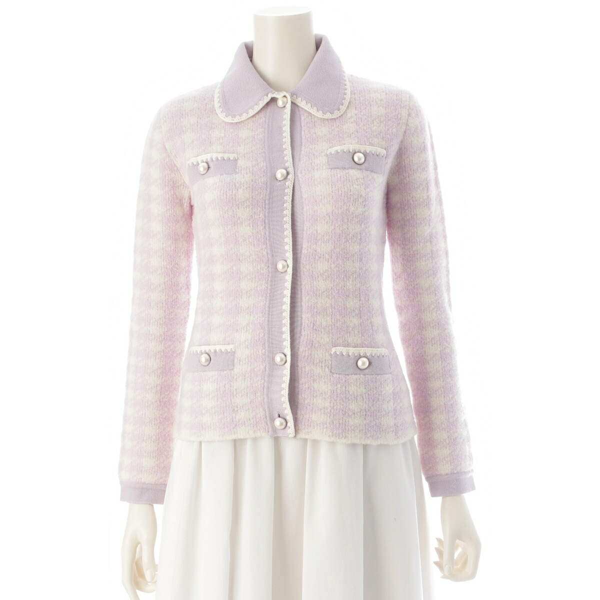 ミュウミュウ MIUMIU 2019年 編み物 パール名取り草 4隠し 透かし彫り柄 上衣 ジレー パープル 白いこと 36【中古】【定め事品引きうける】